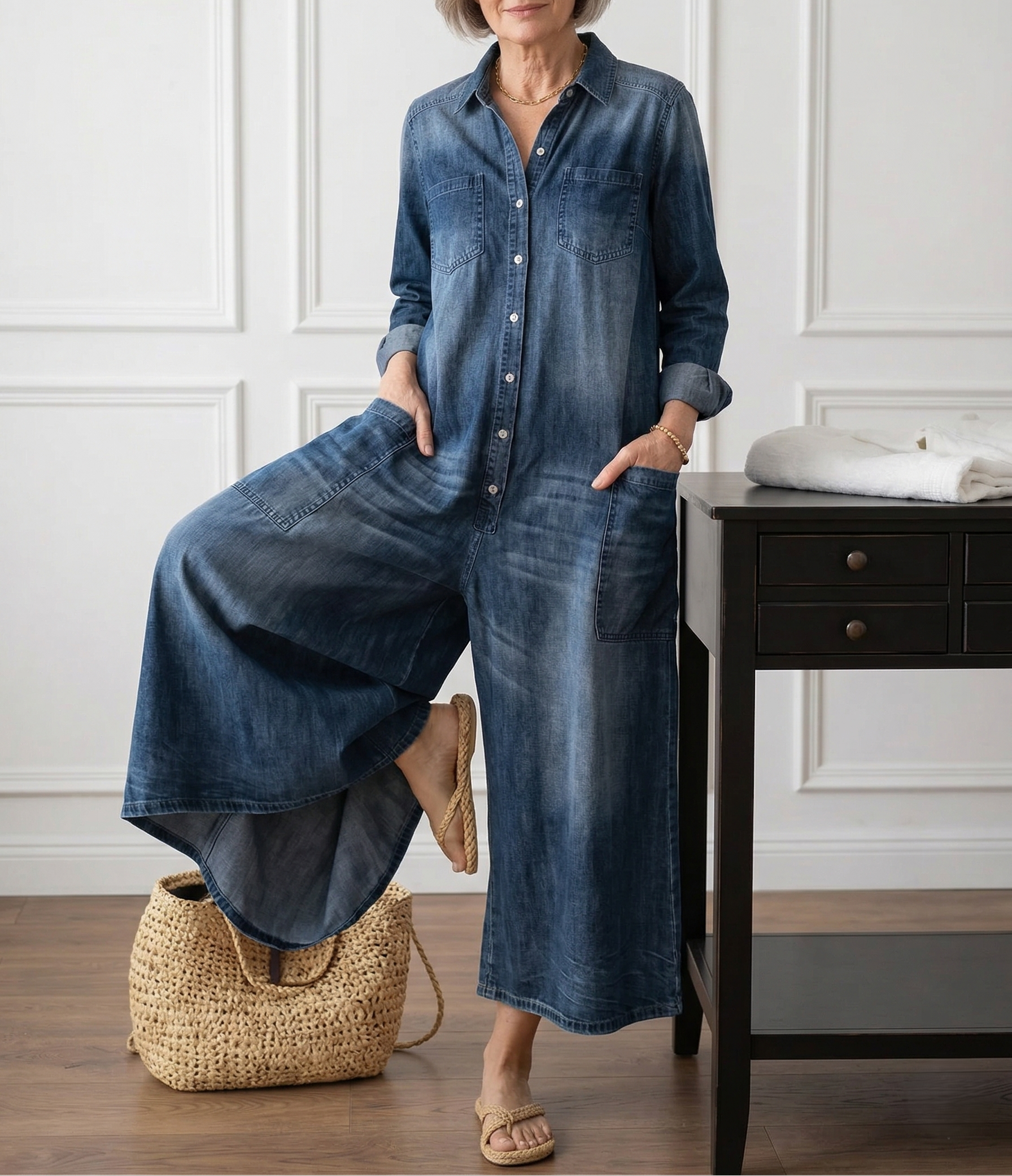 Diana | Vintage Washed Soft Cotton Denim Jumpsuit mit Knopfverschluss