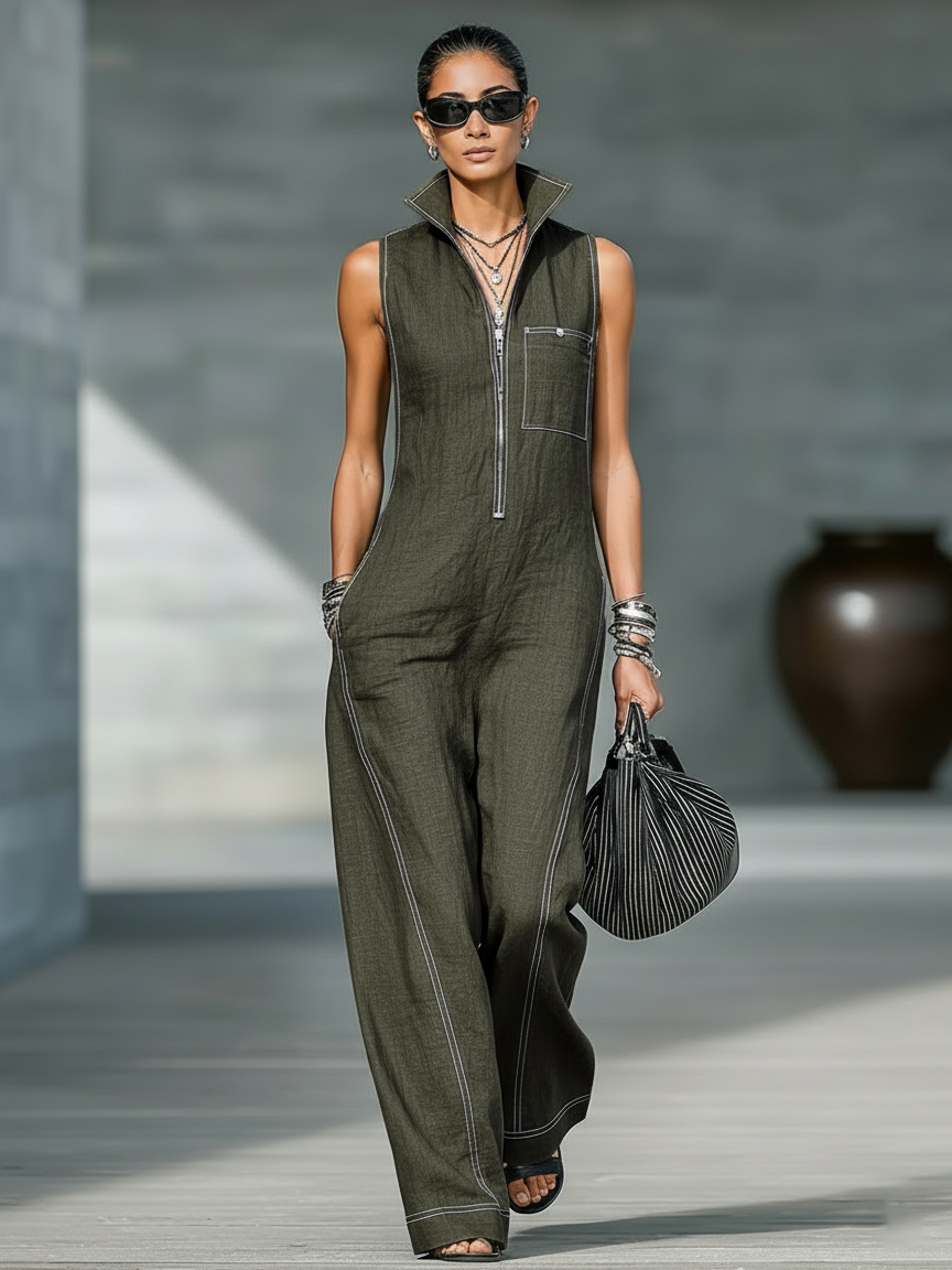 Minimalistische ärmellose Latzhose für Frauen mit weißem Rand