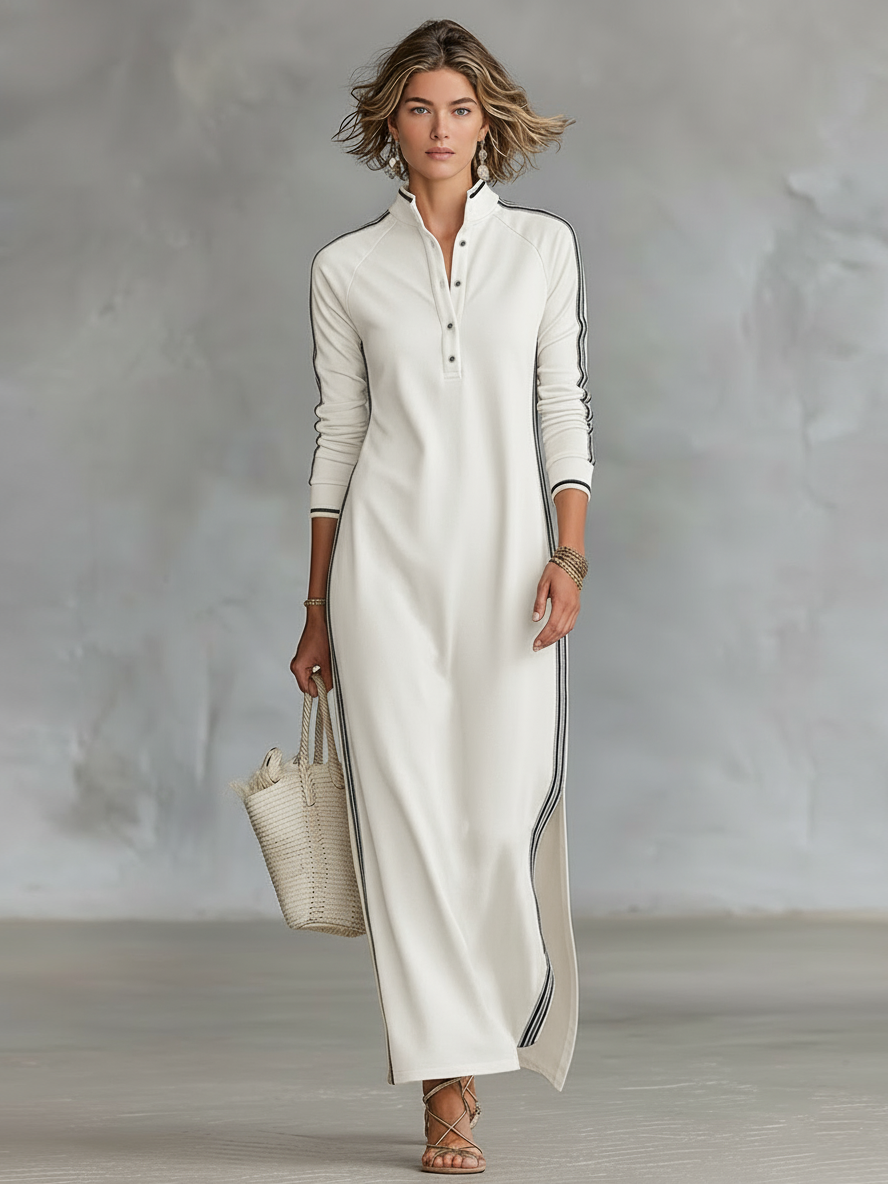 Damen Maxi Sweatkleid mit Button-Down-Kragen und weißem Rand