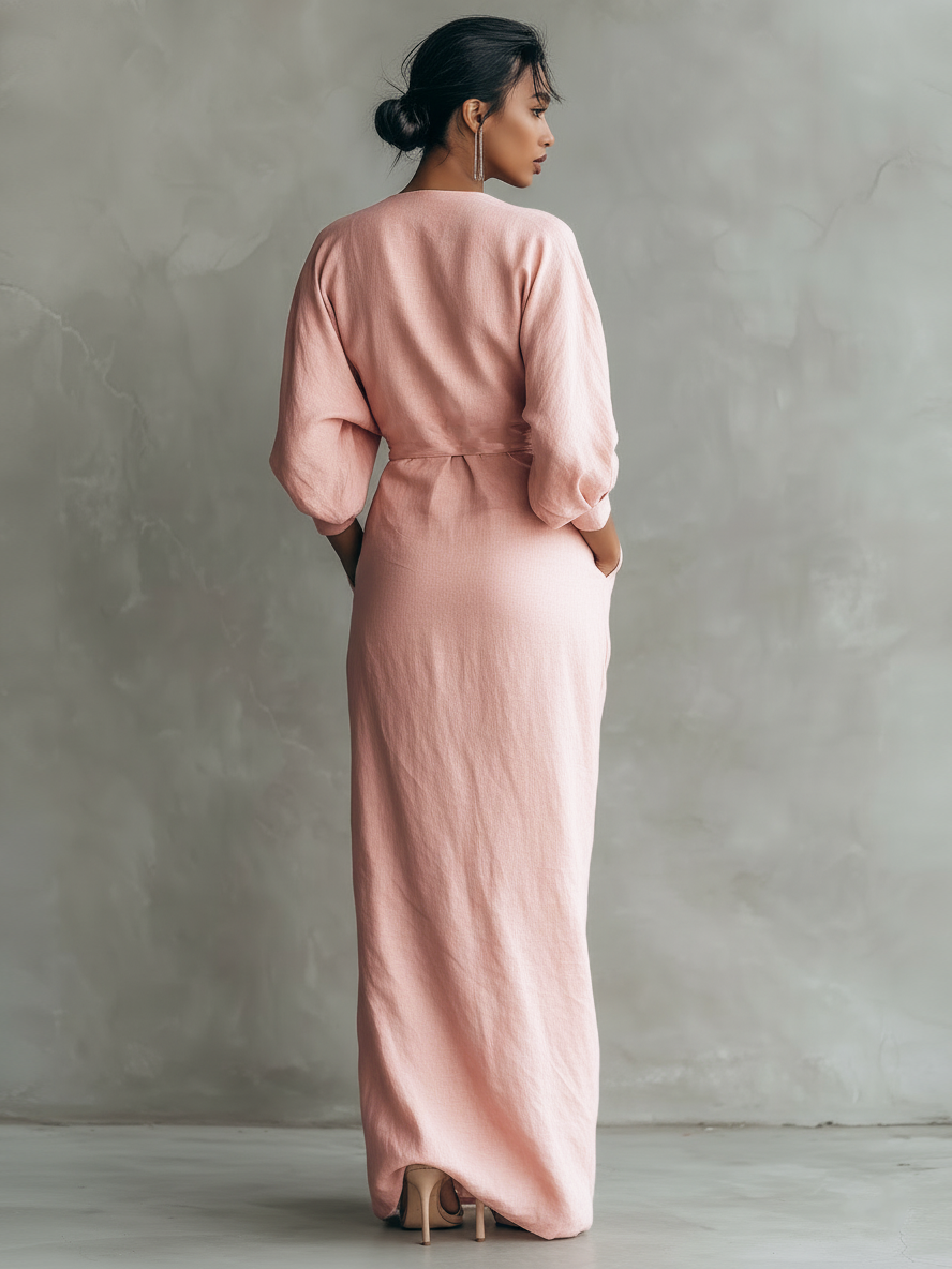 Minimalistisches Maxikleid in Pink mit V-Ausschnitt aus Leinenmischung für die Frau