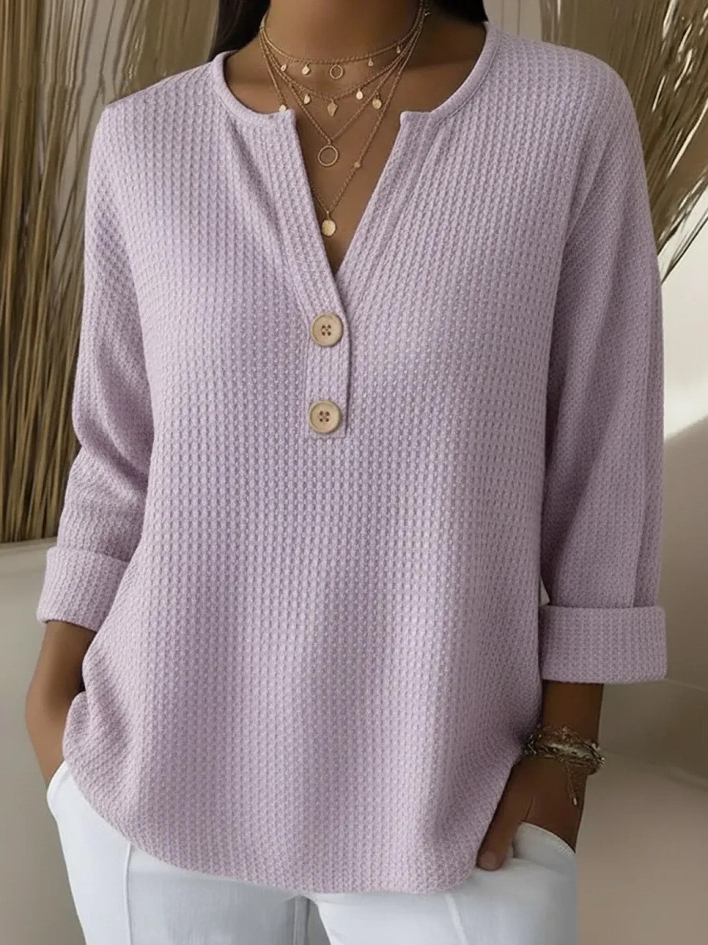 Lucía | Henley-Shirt mit Waffelstruktur und Knöpfen