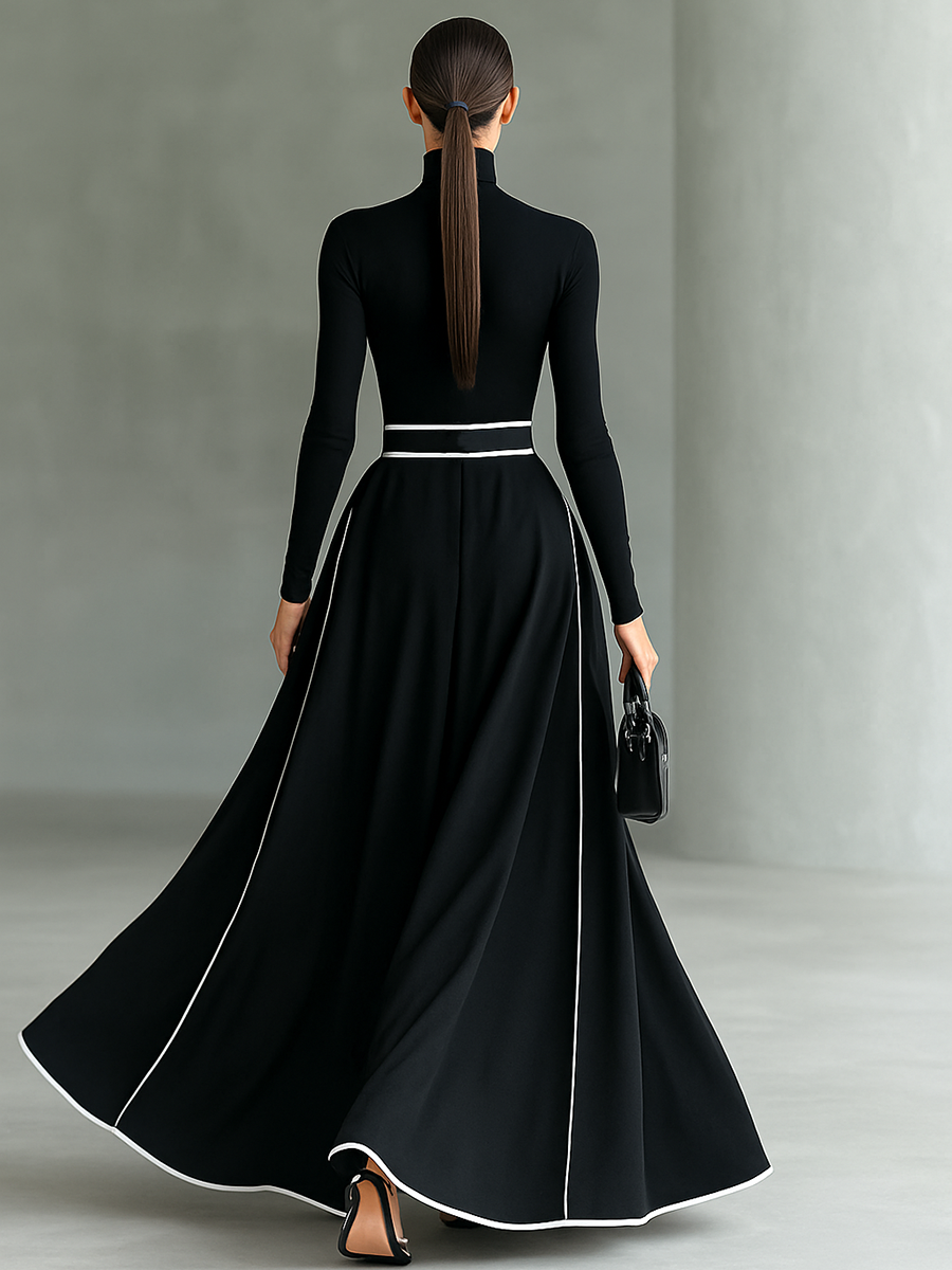 Colette | Schwarzes Damen-Maxikleid mit weißen Nähten, Stehkragen, langen Ärmeln und taillierter Passform