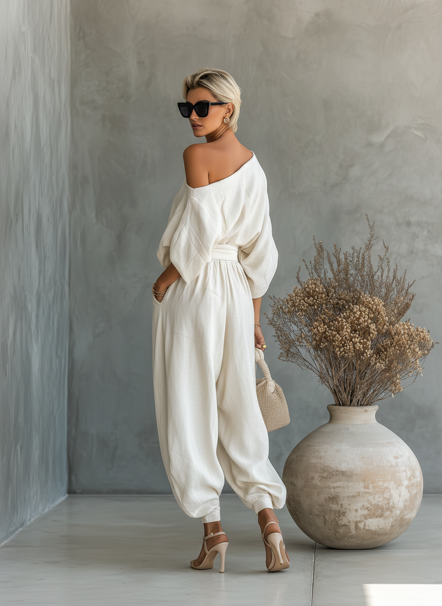 Set für Frauen aus Leinen in Weiß mit Bardot-Ausschnitt und Tapered Pants