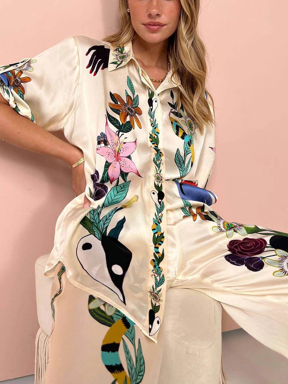 Nika | Satin Hemd und Hose mit einzigartigem Vibes Resort Druck