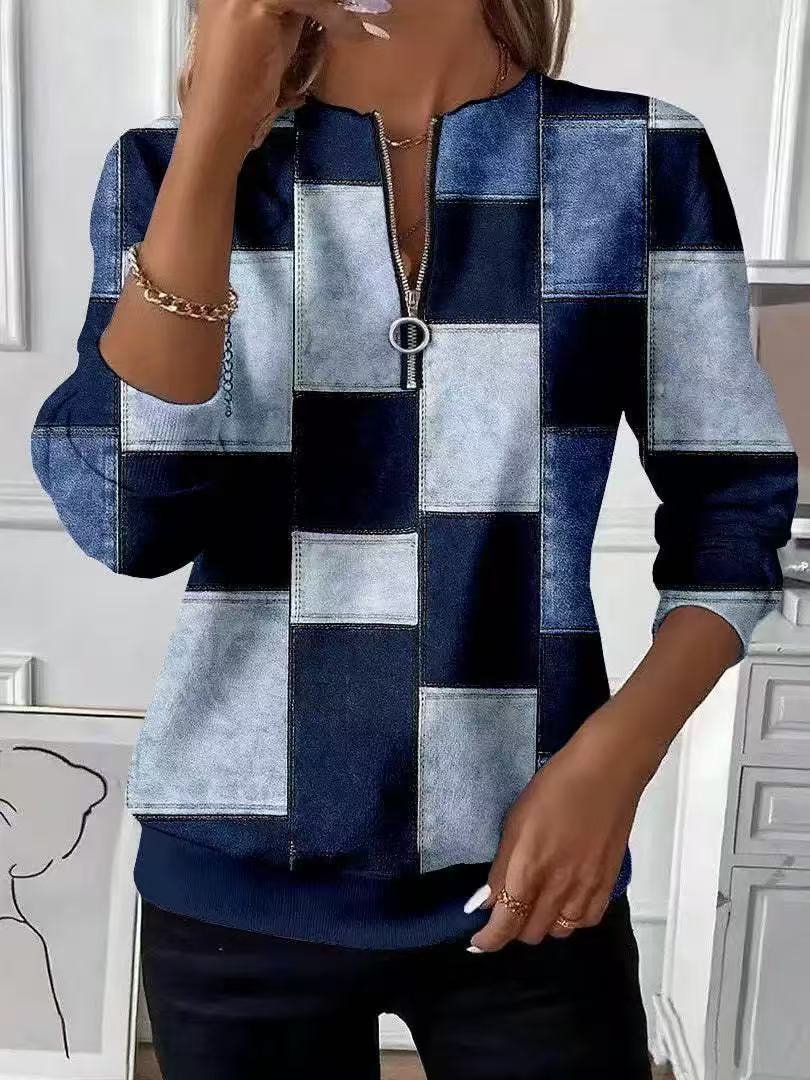 Nora – Sweatshirt mit Reißverschluss und blauem Patchwork-Muster
