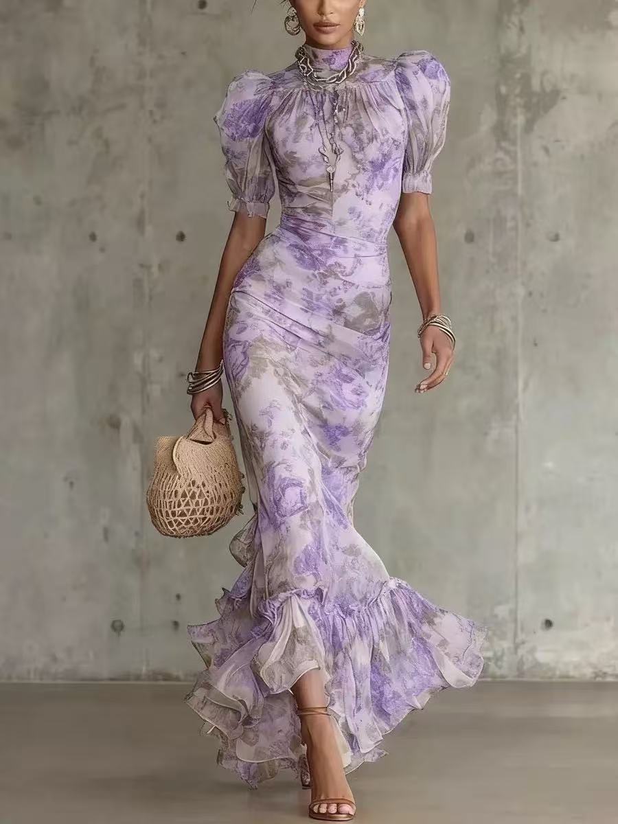 Mae | Maxikleid mit Ballonärmeln im Vintage-Rosendruck