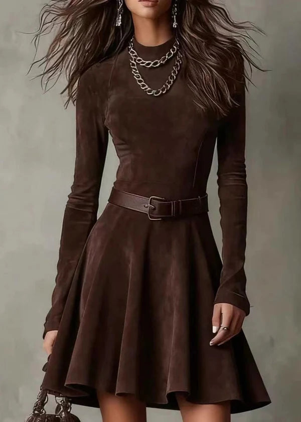 Noémie | Vintage-Mini-Kleid in dunkelbrauner Wildlederoptik