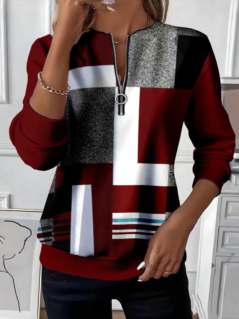 Vera – Sweatshirt mit Reißverschluss und geometrischem Colorblock-Muster in Bordeaux