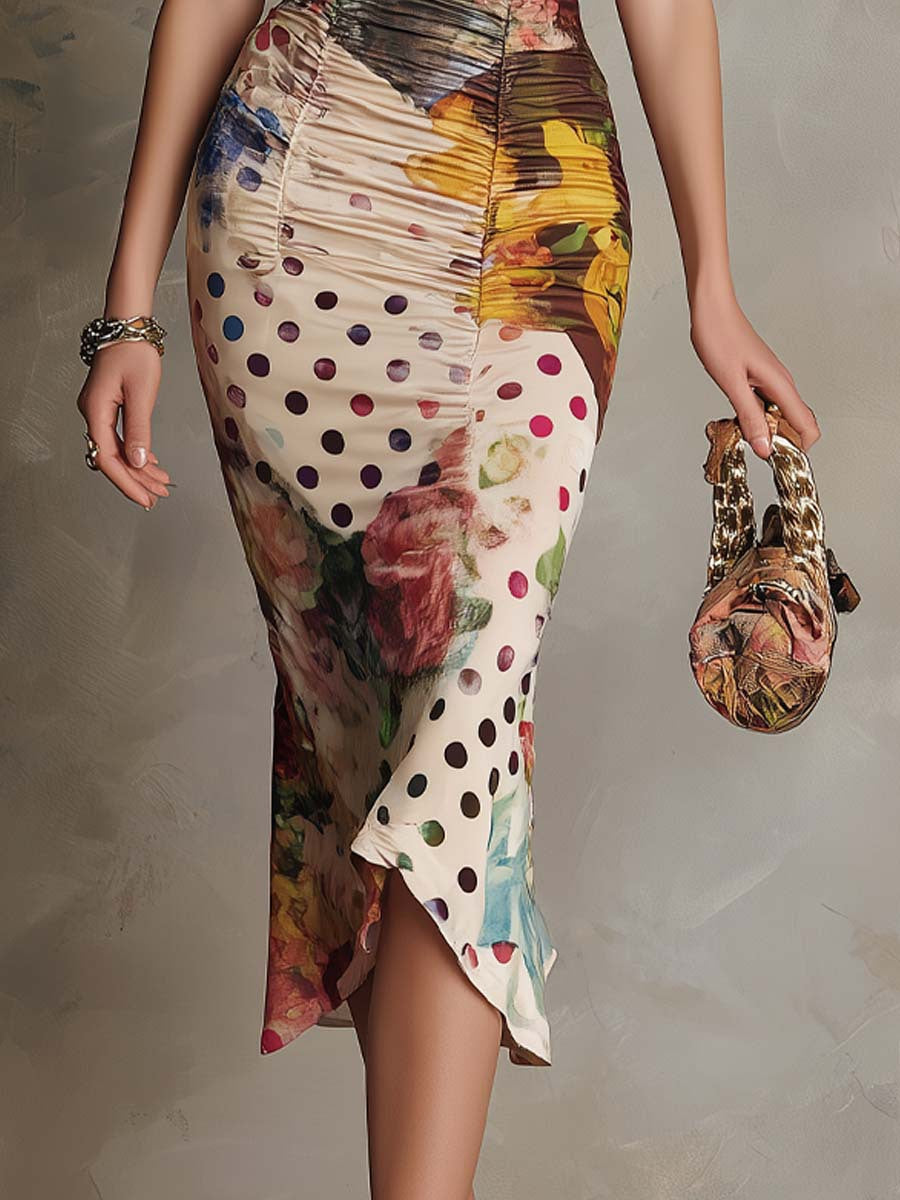 Figurbetontes Midikleid mit Spitzenbesatz, Mustermix und Raffung
