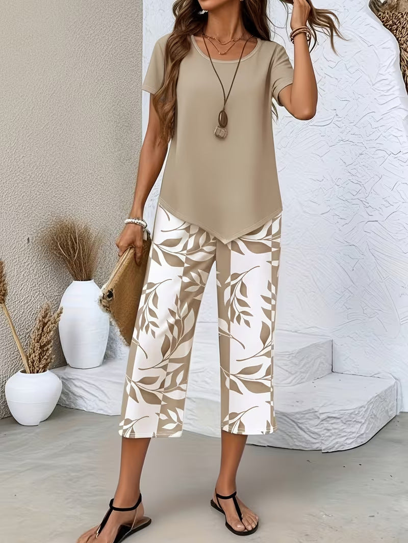 Avy™ | Casual Leaf Print Zweiteiliges Set