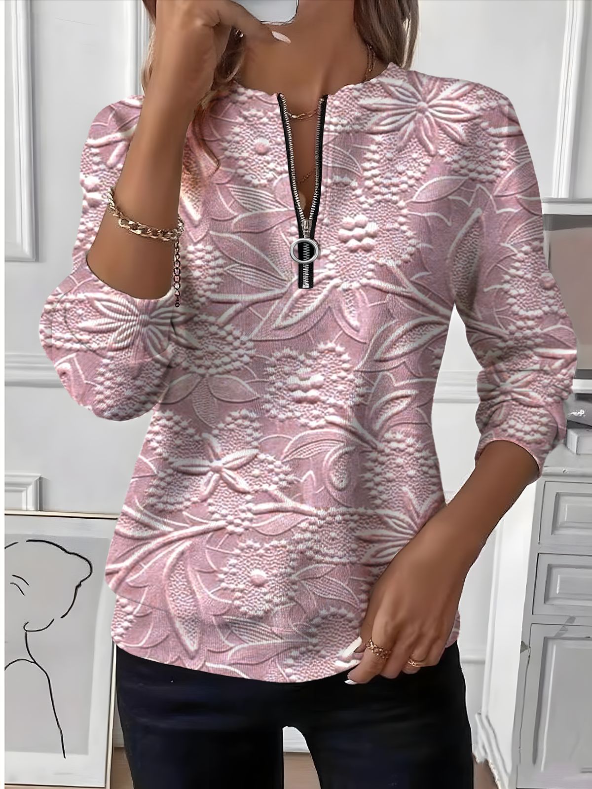 Astrid – Sweatshirt mit Reißverschluss und strukturiertem Blumenmuster