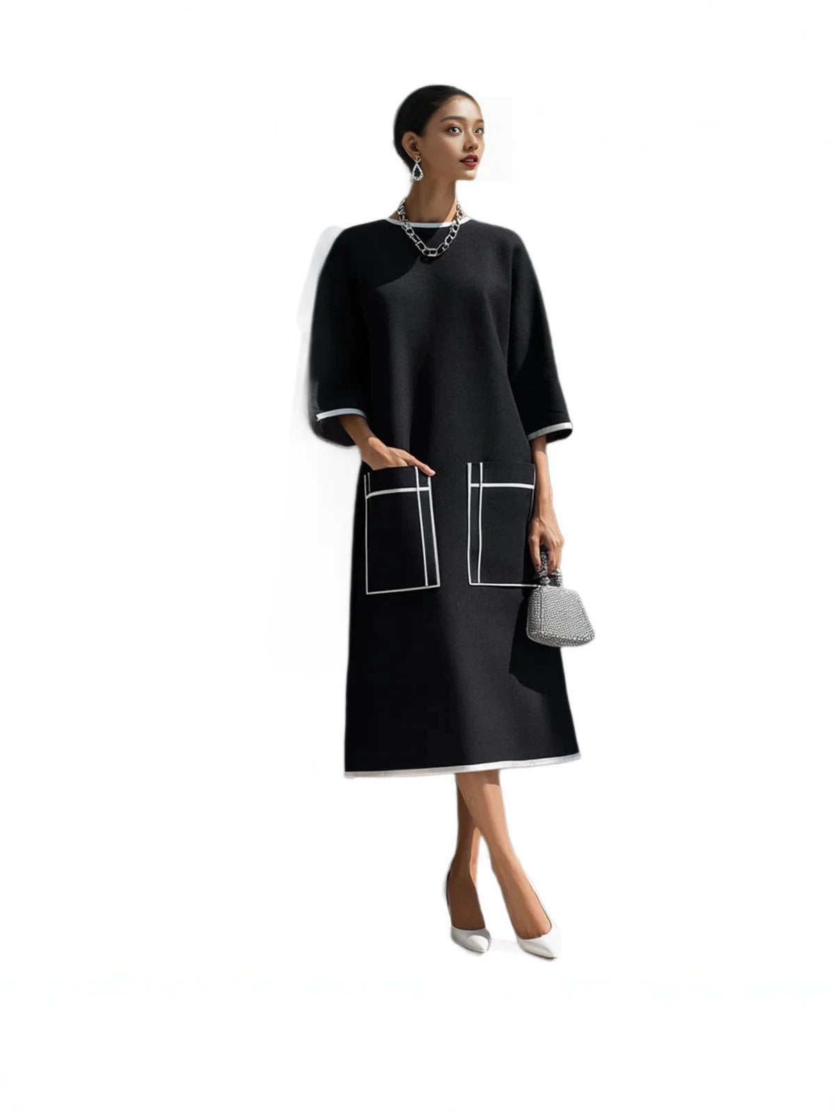 Cleo | Oversize-Midikleid mit Kontrastbesatz und Taschen