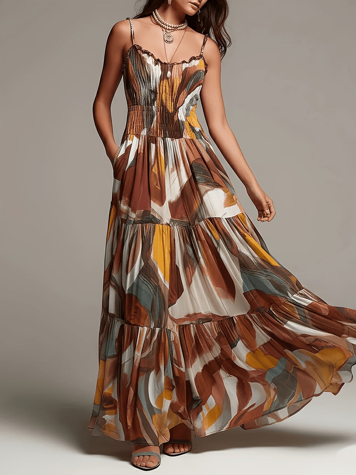 Gestuftes Maxikleid mit abstraktem Print und gesmoktem Oberteil