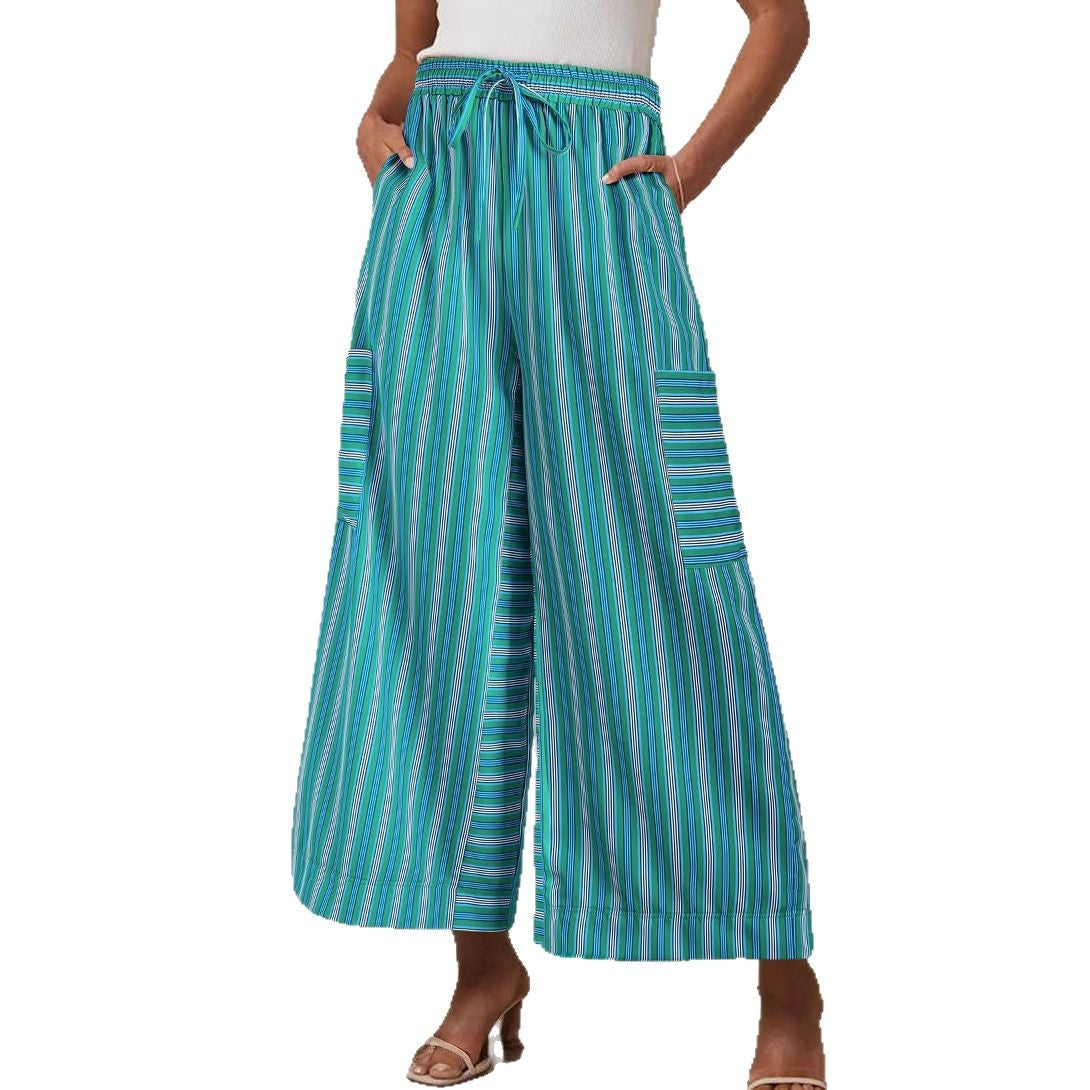 Leichte, gestreifte Hose mit weitem Bein, elastischer Taille und Kordelzug