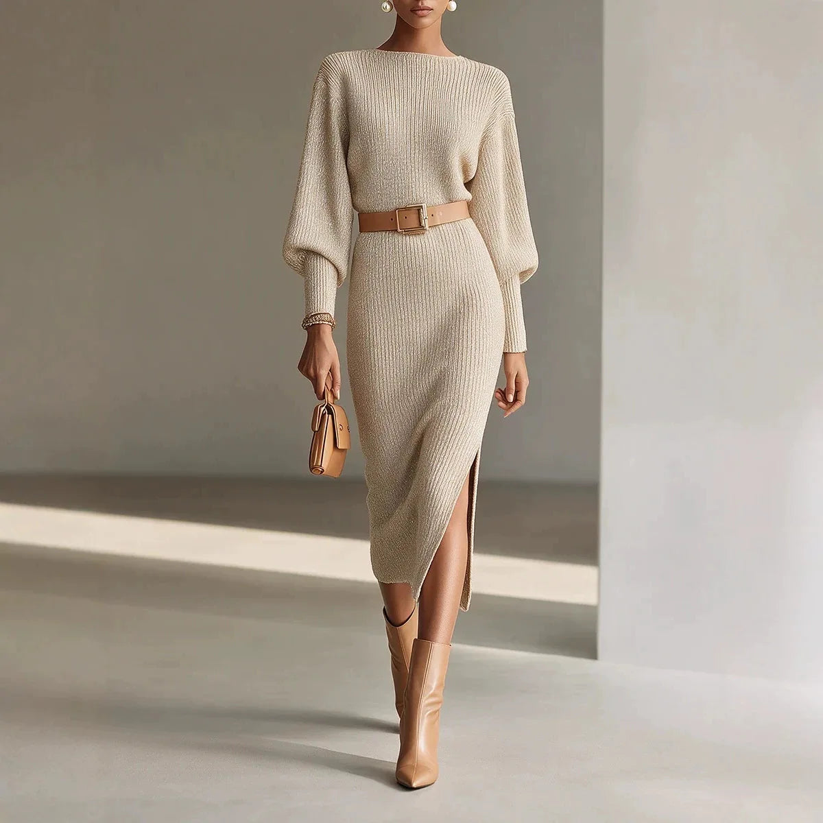 Lynn – Geripptes Strick-Midikleid