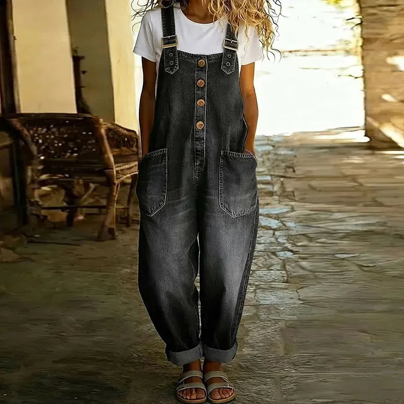 Mae | Vintage Soft Cotton Denim-Look Overalls mit verstellbaren Trägern