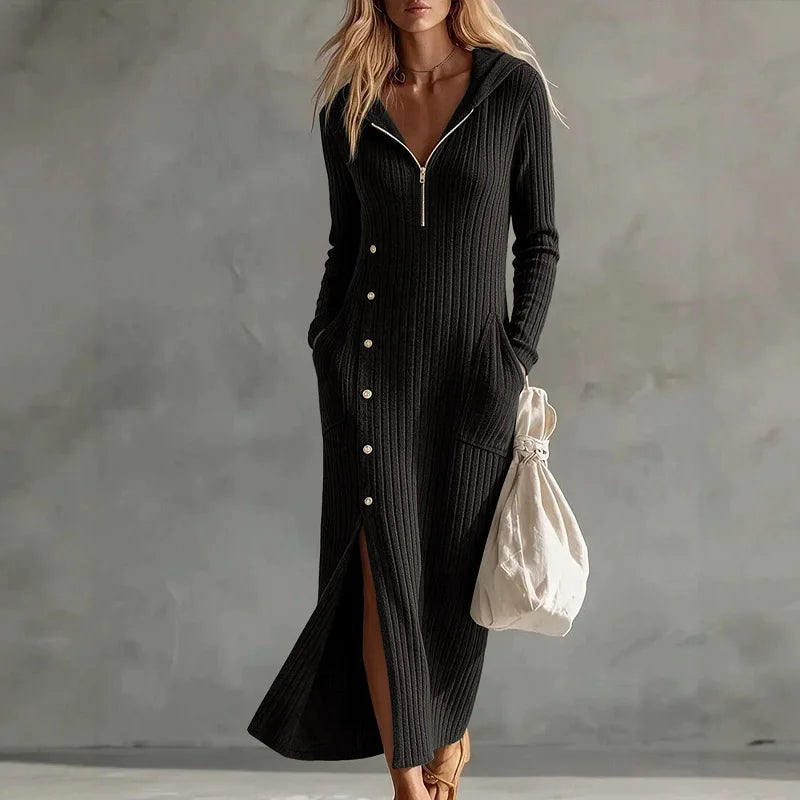 Marcie – Geripptes Midi-Kapuzenkleid