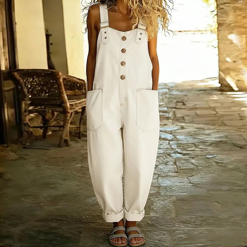 Mae | Vintage Soft Cotton Denim-Look Overalls mit verstellbaren Trägern