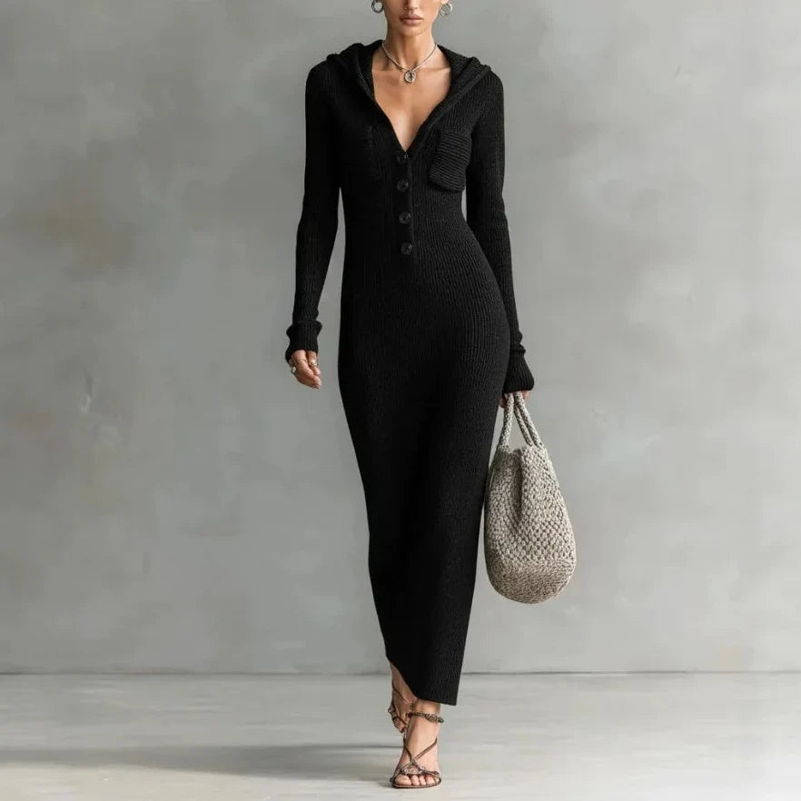 Letitia – Geripptes Strickkleid mit Kapuze