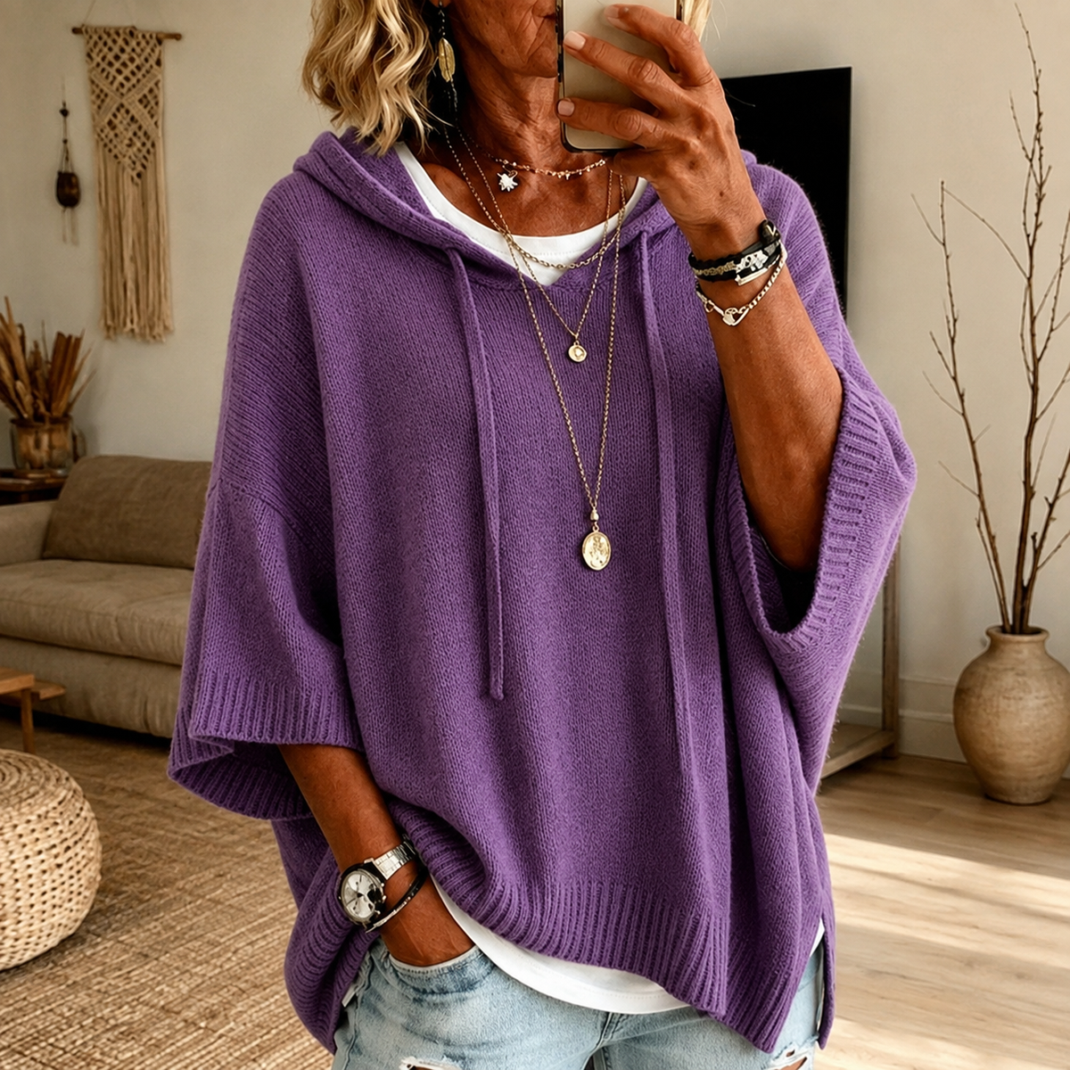 Noelle | Poncho-Pullover mit Kapuze in Lila