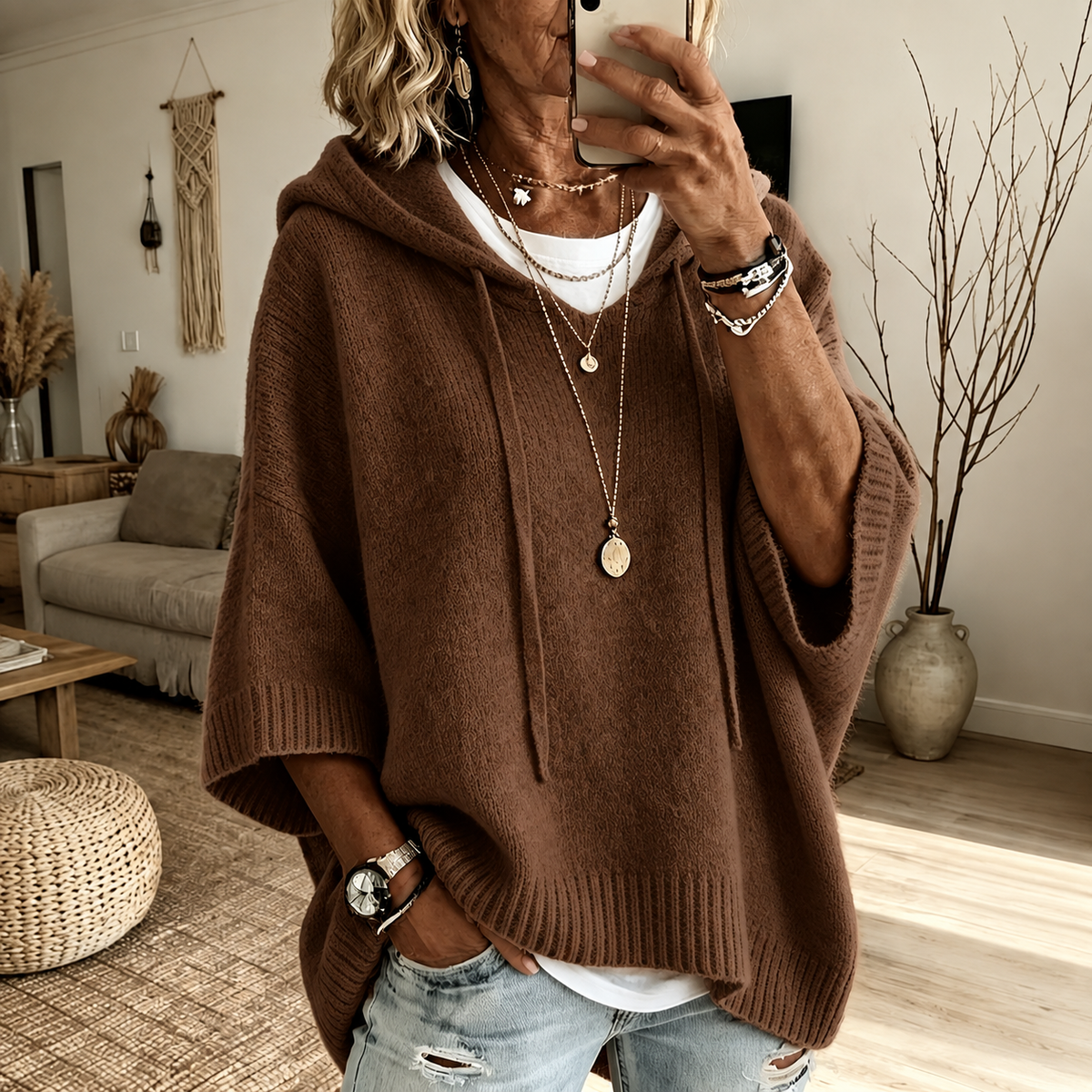 Lenora | Poncho-Pullover mit Kapuze in Braun