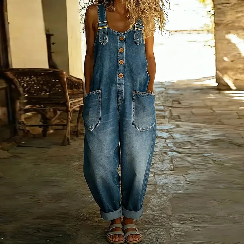 Mae | Vintage Soft Cotton Denim-Look Overalls mit verstellbaren Trägern