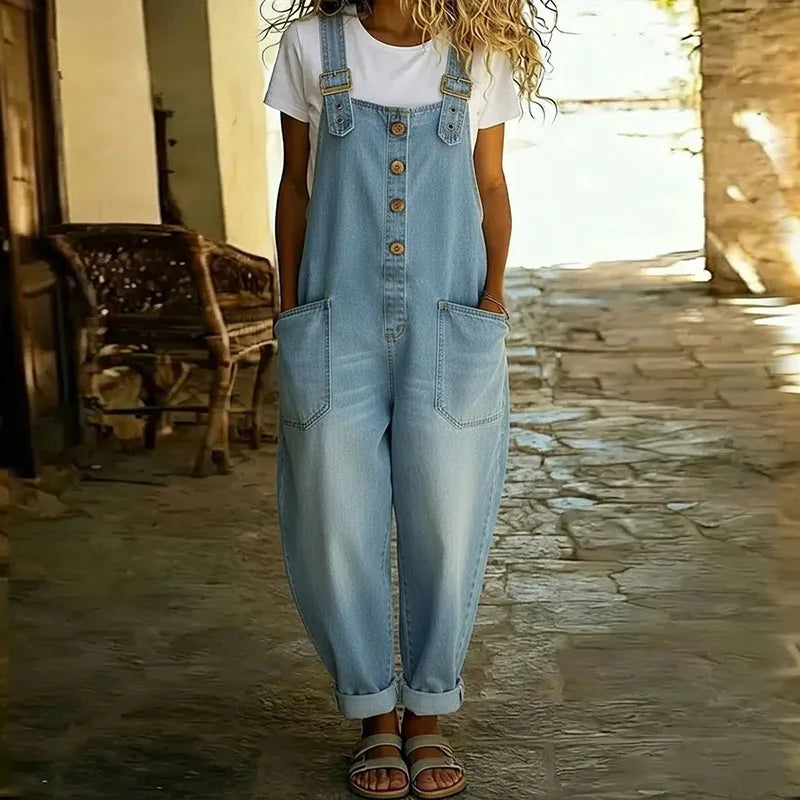 Mae | Vintage Soft Cotton Denim-Look Overalls mit verstellbaren Trägern
