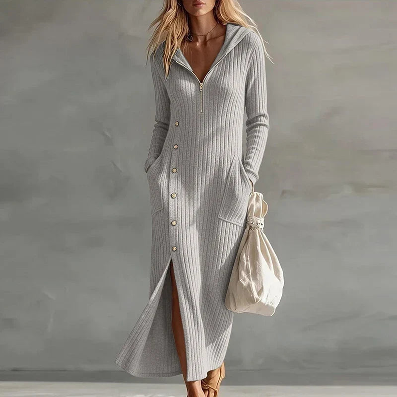 Marcie – Geripptes Midi-Kapuzenkleid