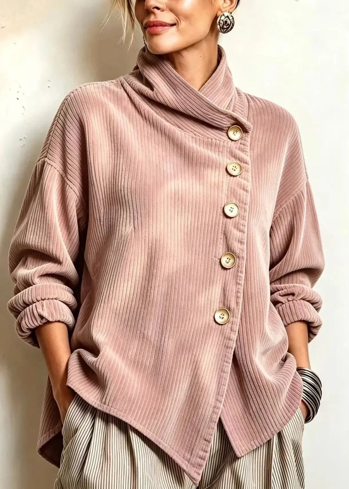 Olivia – Cordbluse mit schräger Knopfleiste – Altrosa