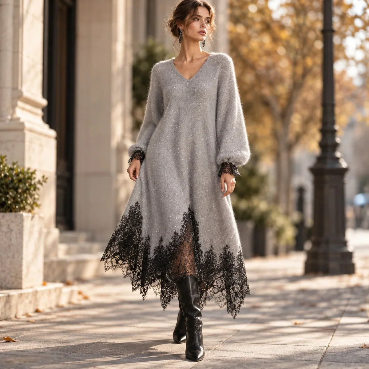 Kaitlin – Strickkleid mit Spitzenbesatz