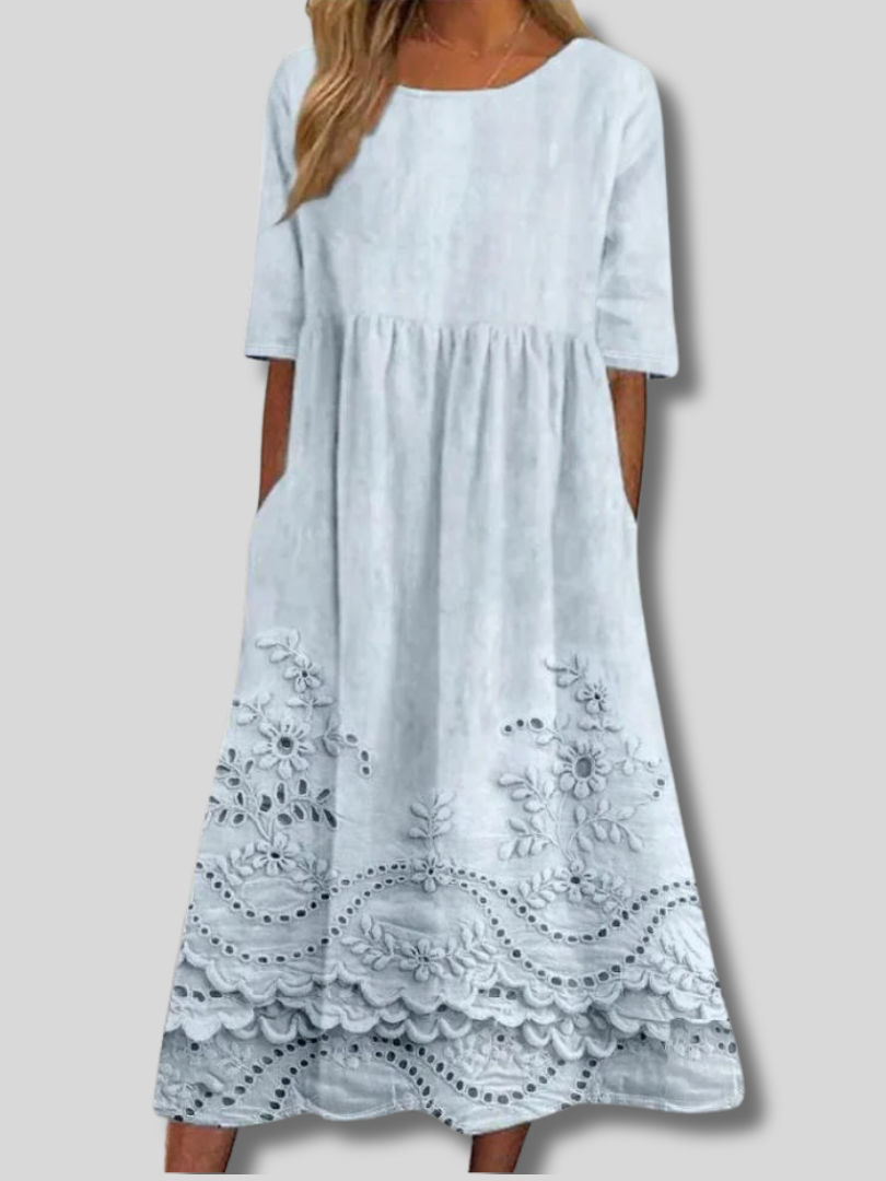 Alora™ | Bequemes Vintage-Maxikleid für Damen mit Rundhalsausschnitt und halblangen Ärmeln, hergestellt im 3D-Druckverfahren