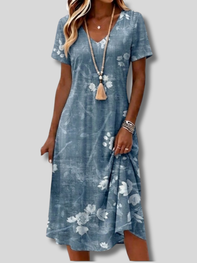 Milena™ | Sommerkleid für Damen mit Blumenmuster, V-Ausschnitt, kurzen Ärmeln und A-Linien-Schnitt