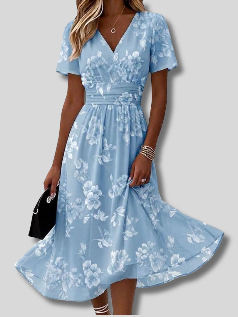 Mirabel™ | Sommerkleid für Damen mit Blumenmuster, V-Ausschnitt, kurzen Ärmeln, Strandkleid, A-Linie