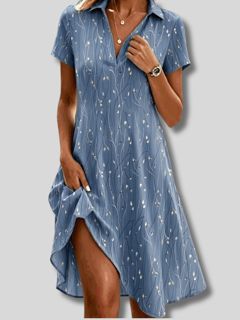 Magnolia™ | Damenkleid mit Blattmuster – ganzjährig tragbares Hemdkleid mit Hemdkragen, kurzen Ärmeln und A-Linien-Schnitt