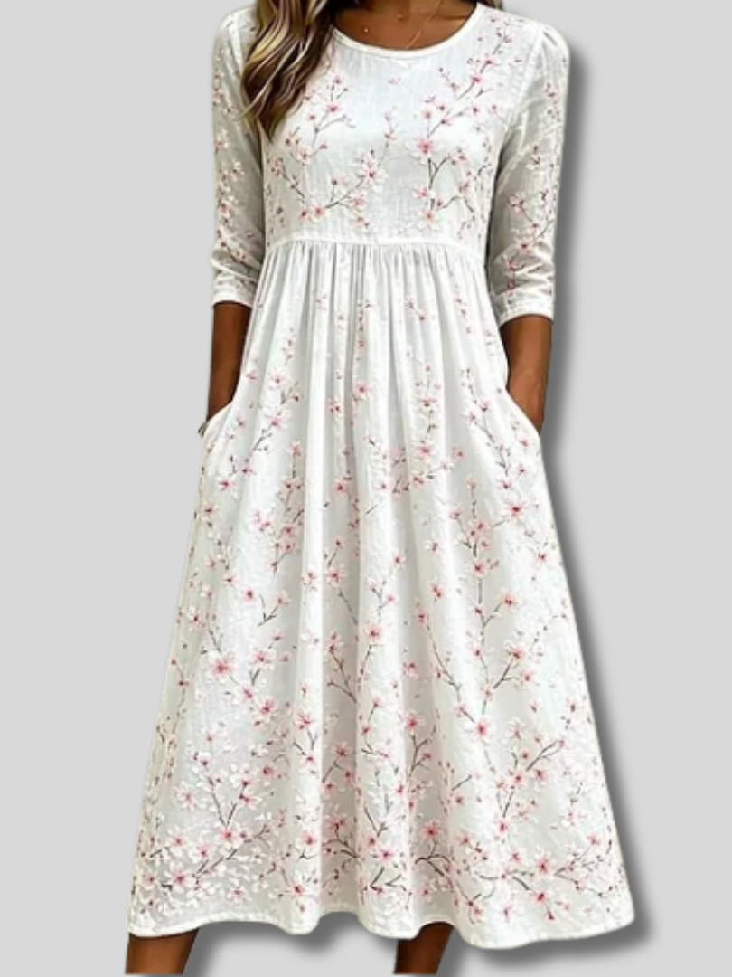 Leocadia™ | Sommerkleid für Damen mit Blumenmuster, Rundhalsausschnitt, halblangen Ärmeln und A-Linien-Schnitt