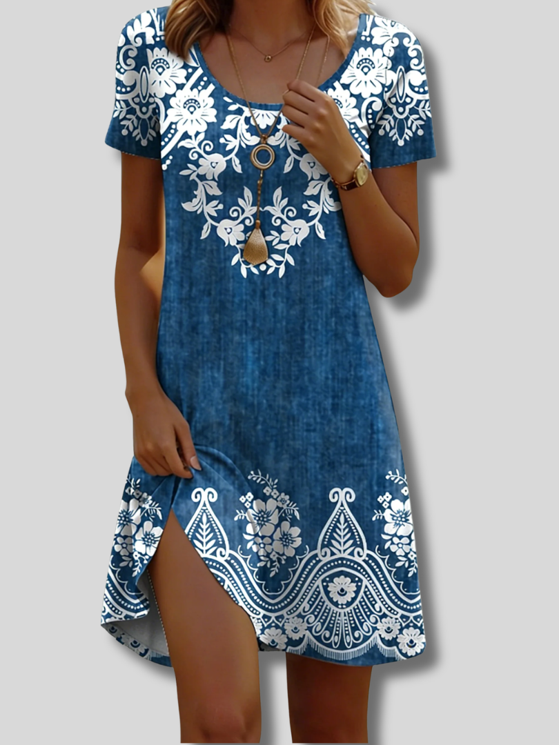 Galilea™ | Sommerkleid für Damen mit Blumenmuster, Rundhalsausschnitt, kurzen Ärmeln, Fit-&-Flare-Schnitt und A-Linien-Silhouette