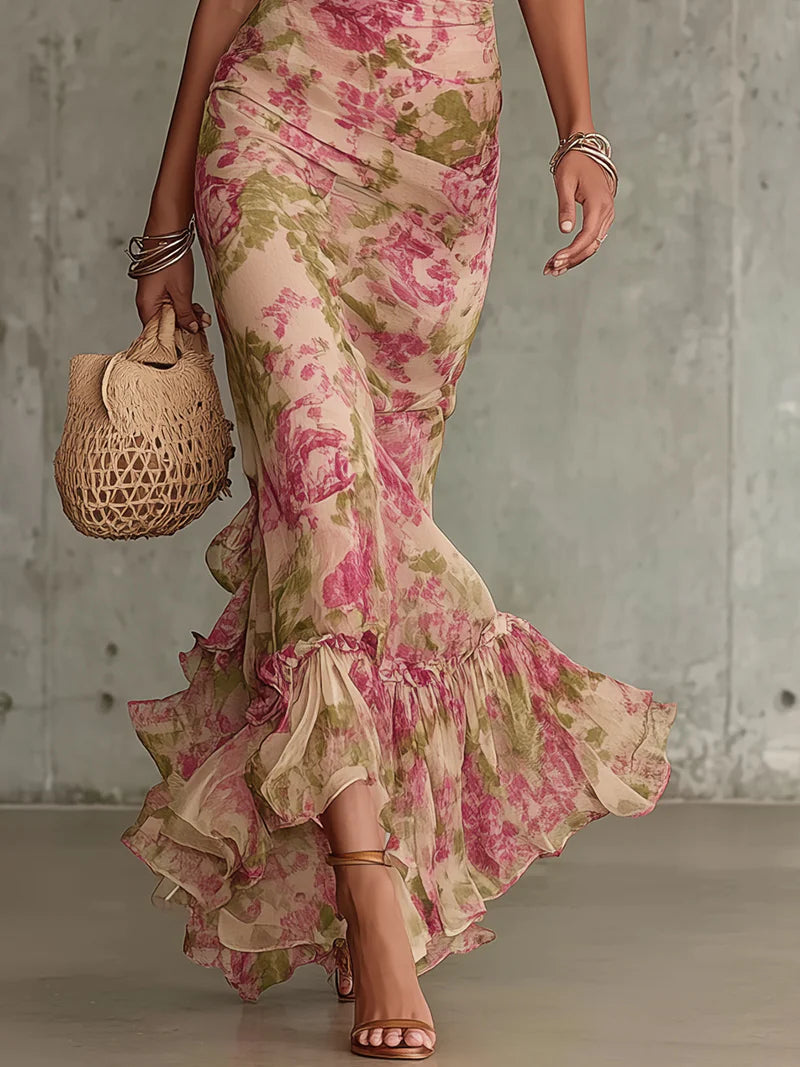 Rosemonde | Maxikleid mit Vintage-Rosenmuster und Puffärmeln