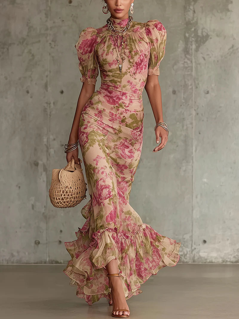 Rosemonde | Maxikleid mit Vintage-Rosenmuster und Puffärmeln