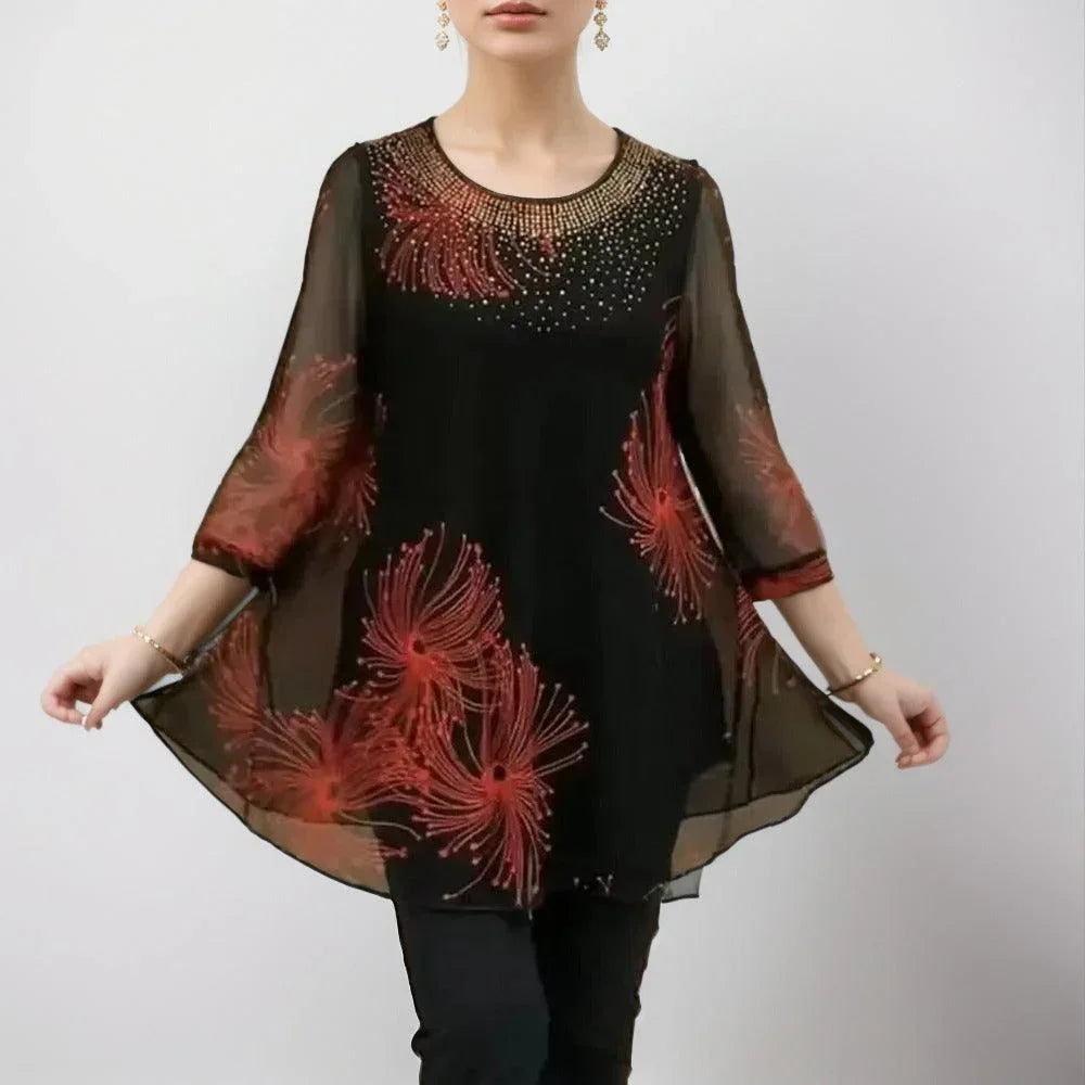 Zeraphine – Elegante transparente Tunika mit Feuerwerk-Print