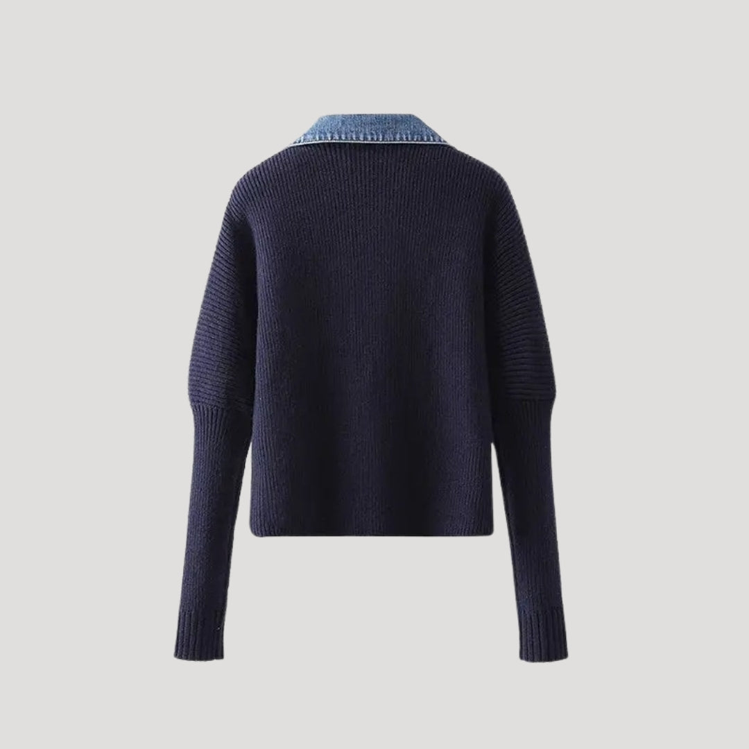 Marineblaue Strickcardigan für Damen mit Denim-Besatz
