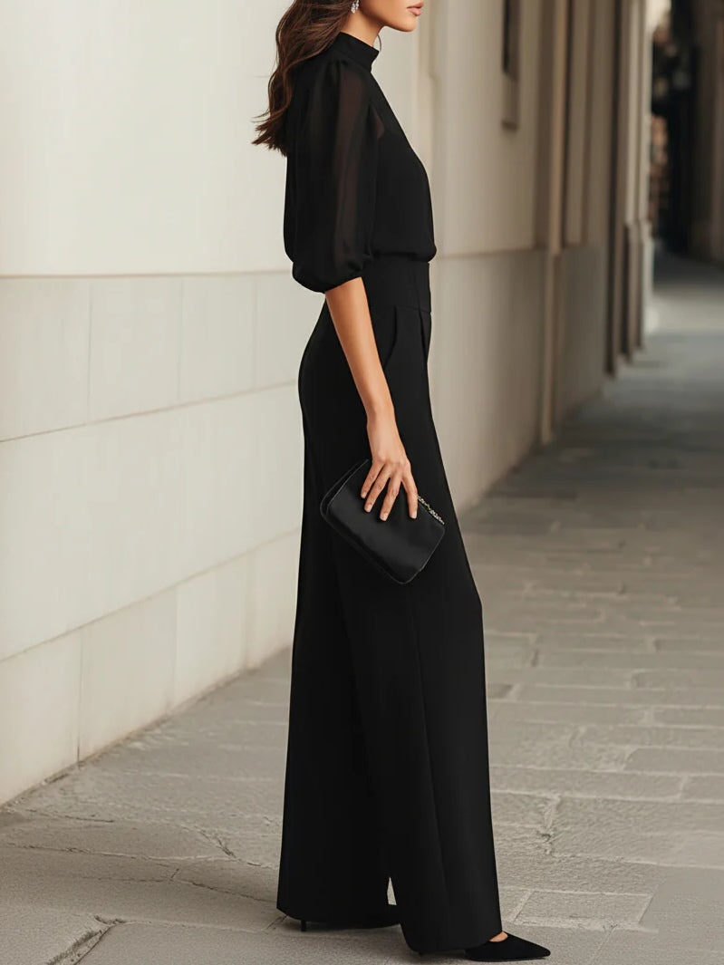 Valéria | Dreiteiliges Set mit transparentem Chiffon-Top und weiter Hose