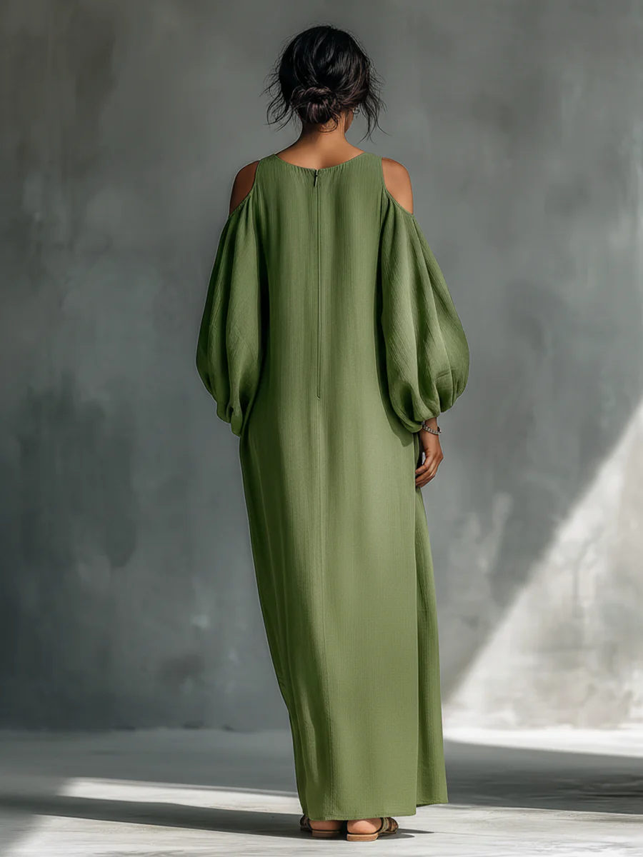 Anika | Grünes Maxikleid mit offenen Schultern und Ballonärmeln
