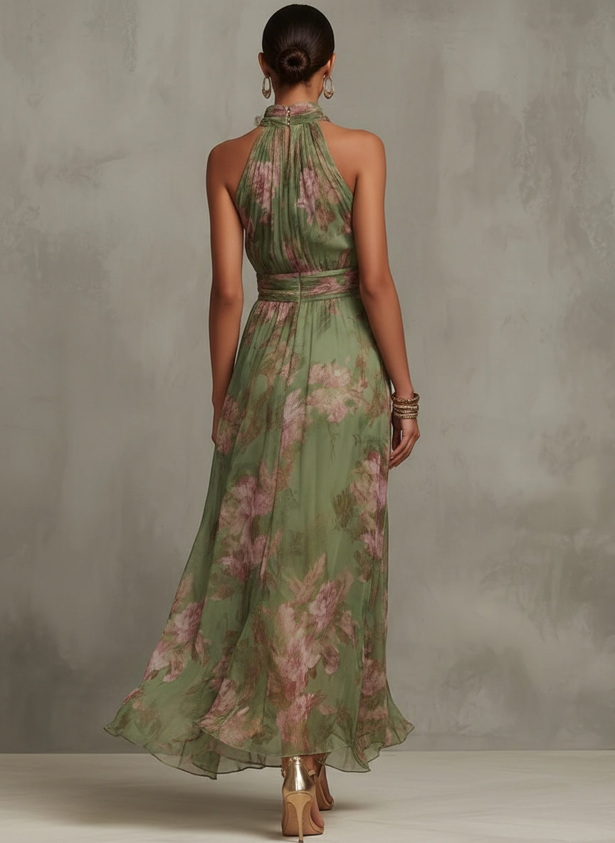 Firenze | Grünes Maxikleid aus floralem Chiffon mit Neckholder-Ausschnitt