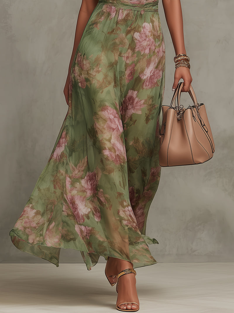 Firenze | Grünes Maxikleid aus floralem Chiffon mit Neckholder-Ausschnitt