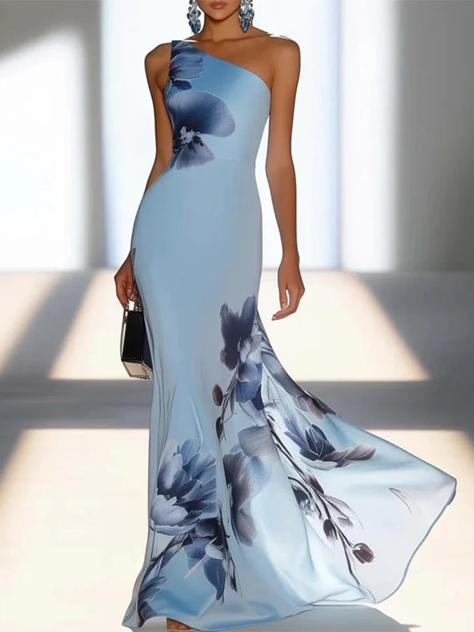 Victoria | Schulterfreies Maxikleid mit Satinprint