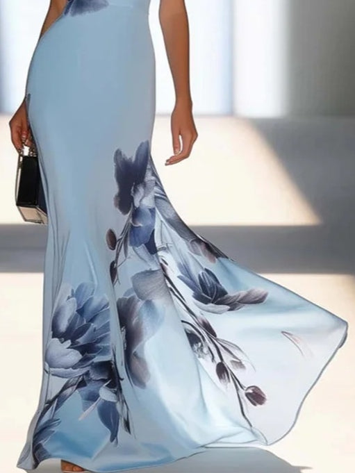 Victoria | Schulterfreies Maxikleid mit Satinprint