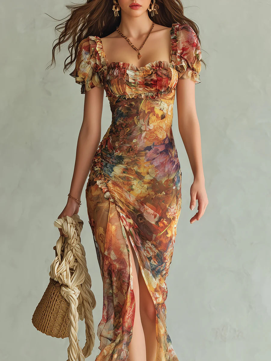 Lila - Langes orangefarbenes Chiffonkleid mit Ölprint im Bohème-Stil