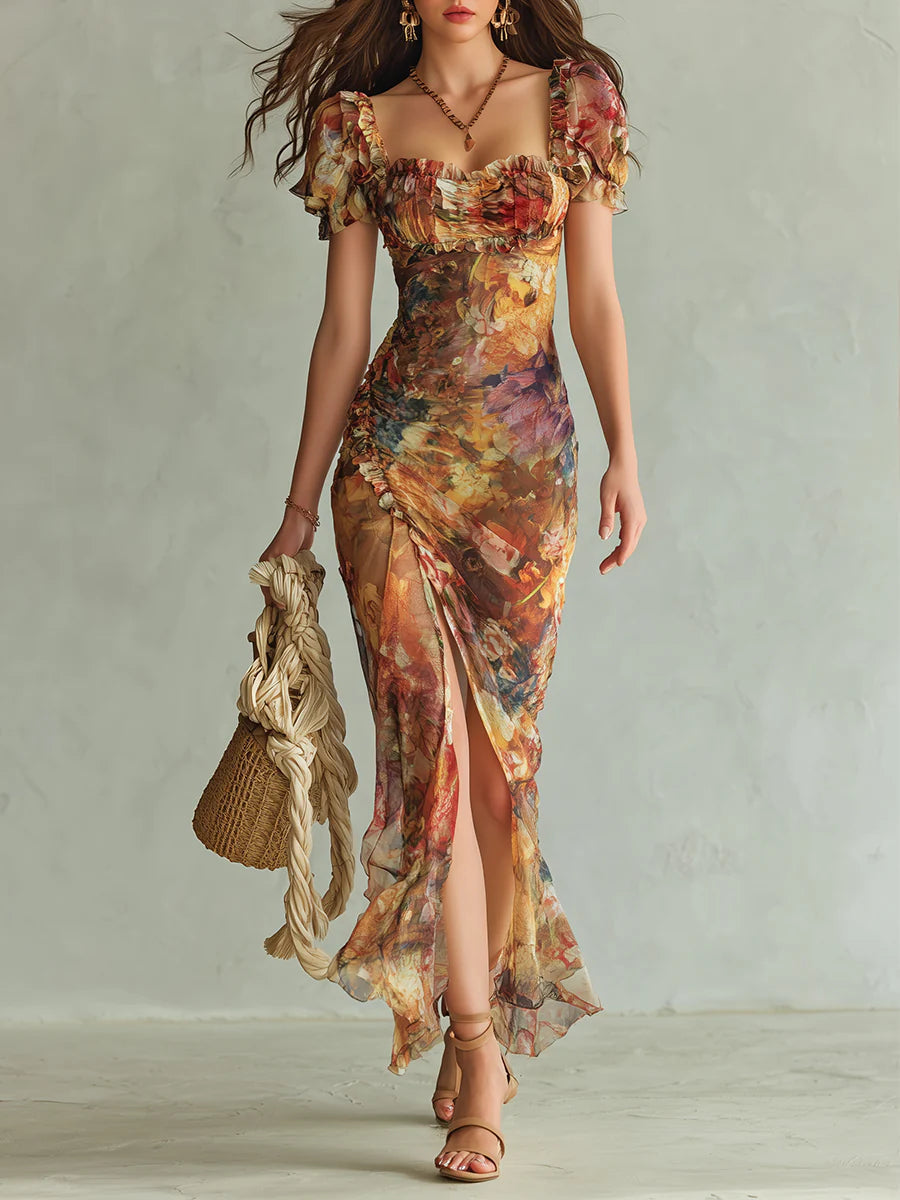Lila - Langes orangefarbenes Chiffonkleid mit Ölprint im Bohème-Stil