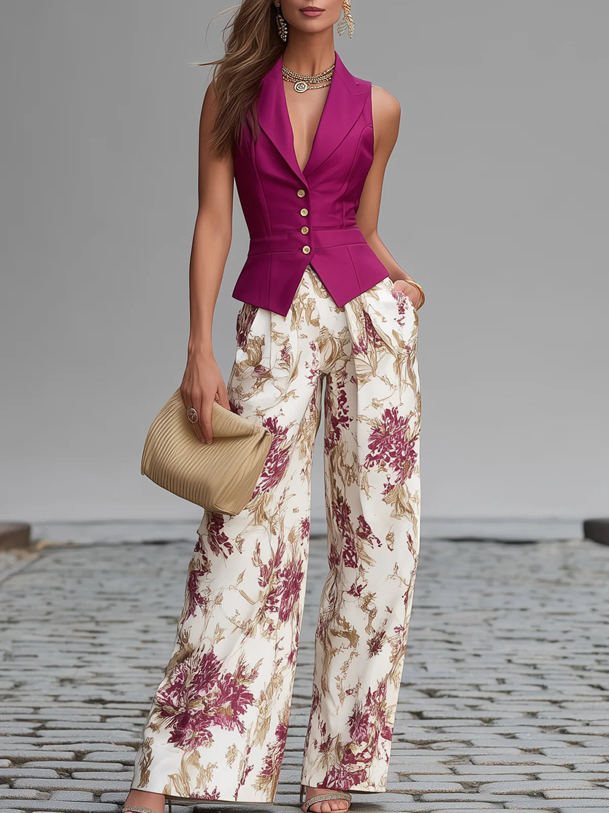 Roselyne | Set aus Weste und weiter Hose mit Blumenmuster