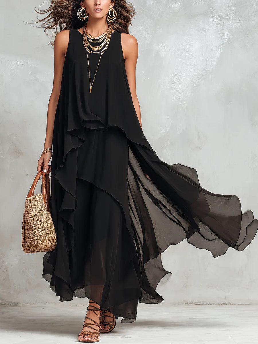 Théodora | Schwarzes Chiffon-Maxikleid im Lagenlook